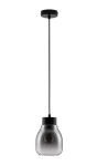 Lampa wisząca Moche w kolorze czarnym, z jednym gniazdem E27. Szklany klosz o zaokrąglonym kształcie, zawieszony na cienkim, czarnym przewodzie. Ujęcie frontalne, z widoczną żarówką w środku. Idealna do nowoczesnych wnętrz.