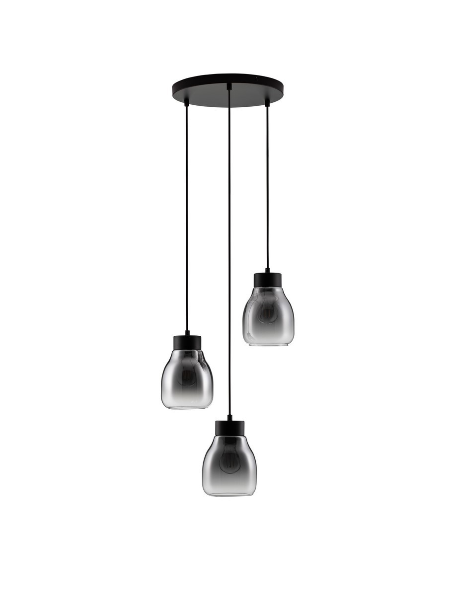 Lampa wisząca Moche z trzema kloszami E27 w czarnym kolorze, zawieszona na cienkich linkach. Klosze mają lekko przezroczysty, szary wygląd, a całość montowana jest na okrągłej podstawie. Idealna do nowoczesnych wnętrz.