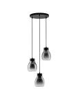Lampa wisząca Moche z trzema kloszami E27 w czarnym kolorze, zawieszona na cienkich linkach. Klosze mają lekko przezroczysty, szary wygląd, a całość montowana jest na okrągłej podstawie. Idealna do nowoczesnych wnętrz.
