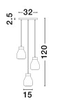 Lampa wisząca Moche w kolorze czarnym z trzema kloszami E27. Wymiary: wysokość 120 cm, szerokość 32 cm, głębokość 15 cm. Klosze mają zaokrąglony kształt, zawieszone na cienkich linkach. Prosta konstrukcja, idealna do nowoczesnych wnętrz.