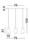 Lampa wisząca Moche w kolorze czarnym, z trzema oprawami na żarówki E27. Wymiary: długość 70 cm, wysokość 120 cm, szerokość 15 cm. Zawieszona na cienkich linkach, prosty design, idealna do nowoczesnych wnętrz.