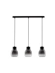 Lampa wisząca Moche z trzema kloszami E27 w czarnym kolorze. Klosze mają przezroczyste, szklane wykończenie, zawieszone na cienkich linkach, zamocowane do prostokątnej podstawy. Wymiary kloszy umożliwiają zastosowanie różnych żarówek.