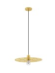 Lampa wisząca Bamepa 1xE27 w złotym kolorze, z metalowym, ażurowym kloszem w kształcie talerza. Zawieszenie na czarnym przewodzie, zamontowana pod sufitem. Widoczna żarówka w centralnej części klosza.