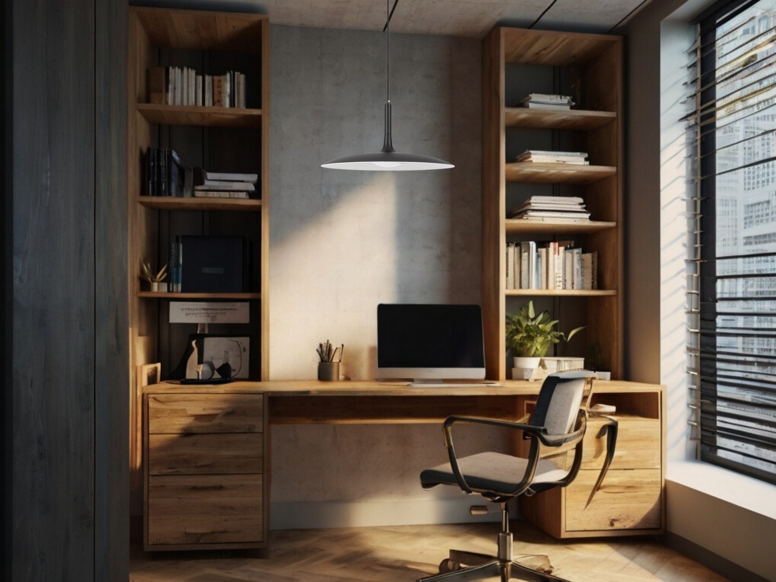 Czarna lampa wisząca Nauta z jednym źródłem LED 16W, zawieszona nad biurkiem w nowoczesnym wnętrzu. Produkt jest w centrum uwagi, otoczony drewnianymi meblami i książkami na półkach. Oświetlenie podkreśla minimalistyczny styl aranżacji.