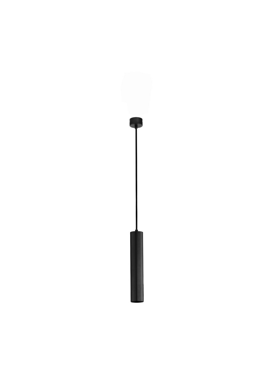Lampa wisząca Nazca 1xGU10 w kolorze czarnym, o cylindrycznym kształcie, zawieszona na cienkim przewodzie. Prosty, minimalistyczny design, idealna do nowoczesnych wnętrz. Widoczna oprawa na żarówkę GU10 na górze lampy.