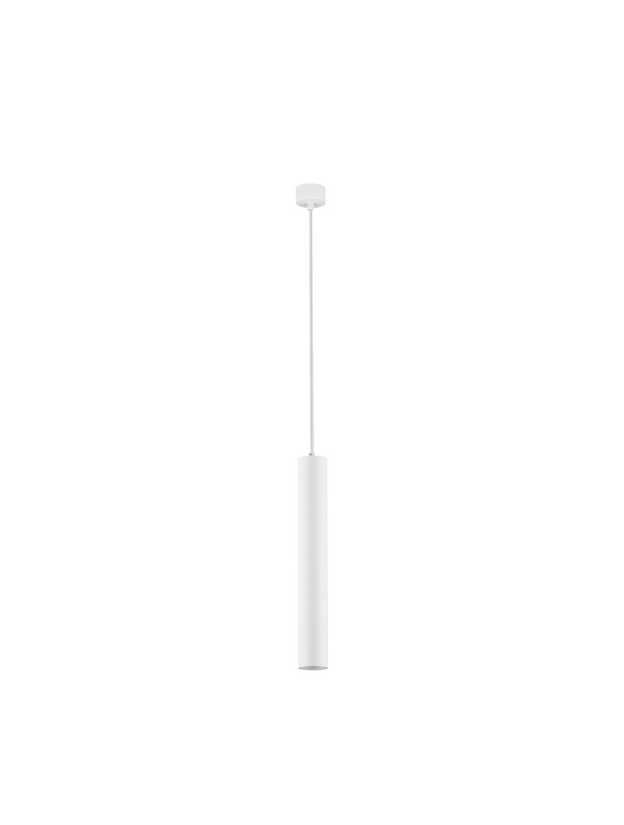 Lampa wisząca Nazca w kolorze białym, z cylindrycznym kloszem, zawieszona na cienkim przewodzie. Prosta, minimalistyczna forma, idealna do nowoczesnych wnętrz. Montowana na suficie, z miejscem na jedną żarówkę GU10.