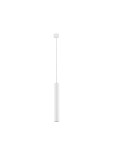 Lampa wisząca Nazca w kolorze białym, z cylindrycznym kloszem, zawieszona na cienkim przewodzie. Prosta, minimalistyczna forma, idealna do nowoczesnych wnętrz. Montowana na suficie, z miejscem na jedną żarówkę GU10.