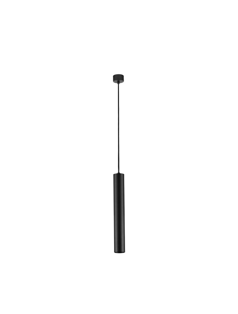 Lampa wisząca Nazca w kolorze czarnym, z pojedynczym gniazdem GU10, w kształcie cylindrycznym. Zawieszona na cienkim kablu, z okrągłym mocowaniem sufitowym, prezentuje minimalistyczny design. Idealna do nowoczesnych wnętrz.