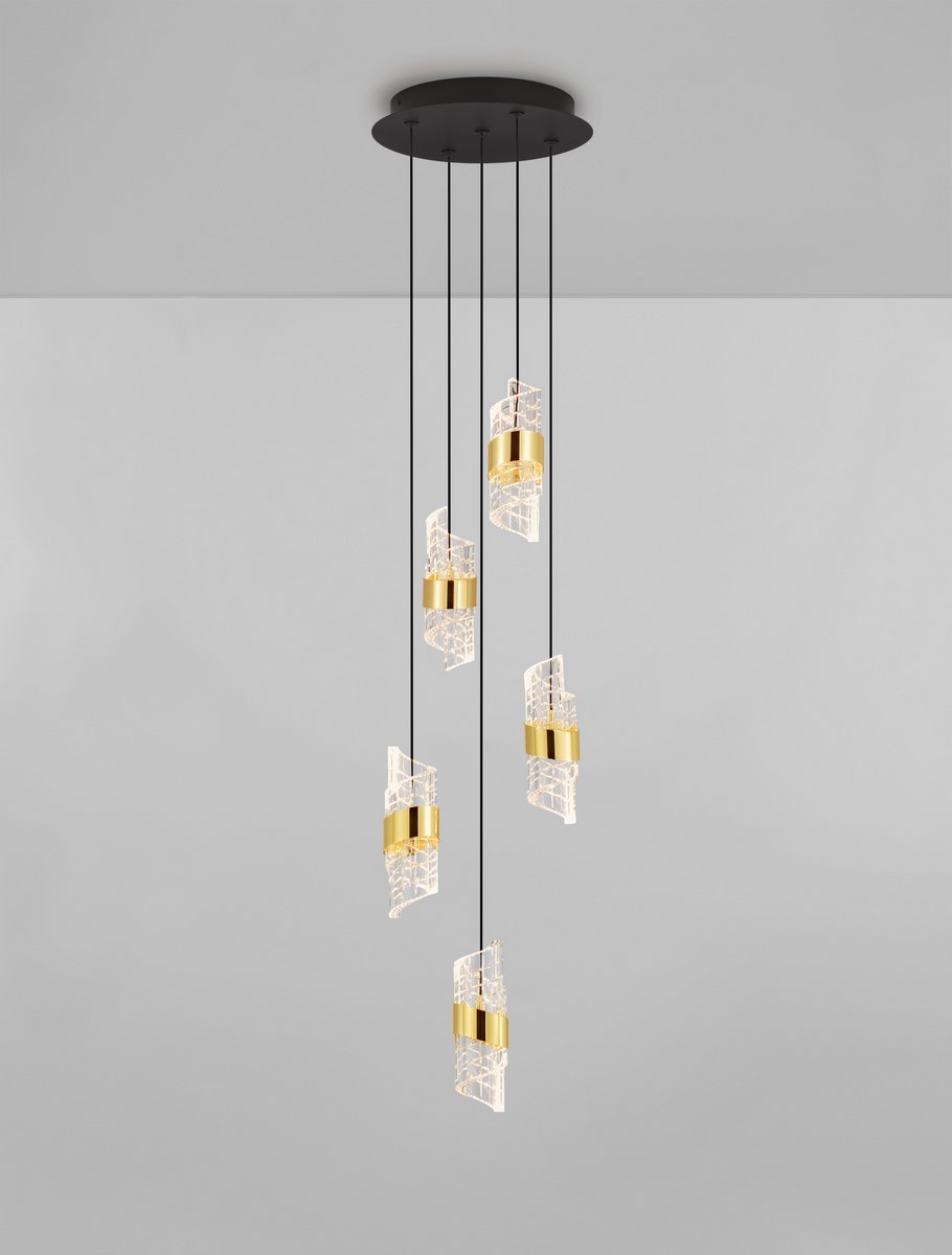Lampa wisząca Paita z pięcioma źródłami LED, moc 41W. Czarna podsufitka z długimi, cienkimi przewodami, pięć dekoracyjnych kloszy z przezroczystego materiału z złotymi detalami, zawieszona w nowoczesnym stylu.