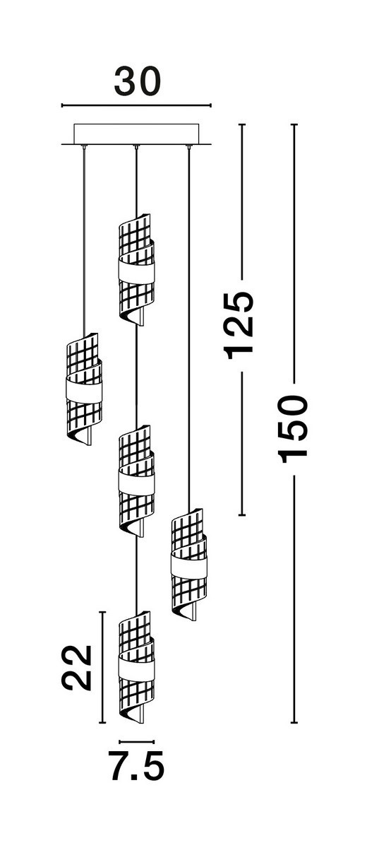 Lampa wisząca Paita 5xLED 41W w kolorze czarnym. Składa się z pięciu spiralnych kloszy umieszczonych na długich przewodach. Wymiary: szerokość 30 cm, wysokość 150 cm, klosze o wysokości 22 cm i średnicy 7,5 cm. Prosta, nowoczesna konstrukcja.