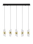 Lampa wisząca Paita 5xLED 41W w kolorze czarnym z pięcioma szklanymi kloszami w formie falistych brył z metalowymi złotymi detalami, zawieszona na cienkich czarnych linkach, montowana na prostokątnej podstawie.