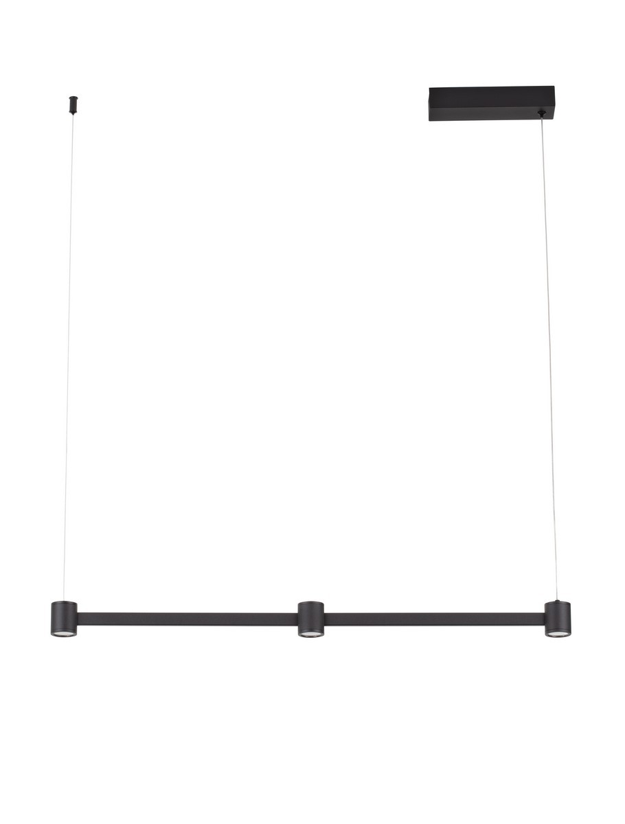 Lampa wisząca Pisco w kolorze czarnym, z trzema źródłami światła LED o łącznej mocy 21W. Prosta konstrukcja z metalowym stelażem, zwieszona na cienkich linkach, montowana sufitowo, idealna do nowoczesnych wnętrz.