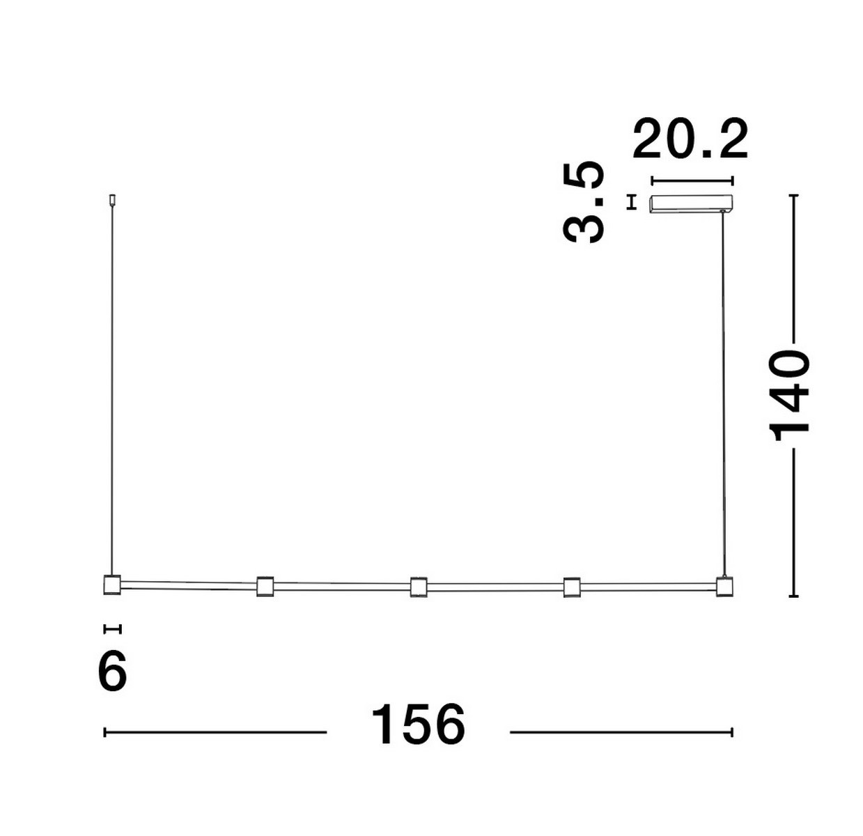 Lampa wisząca Pisco 5xLED 30W w kolorze czarnym, z prostokątnym designem. Wymiary: długość 156 cm, wysokość 140 cm, szerokość 6 cm. Składa się z pięciu źródeł światła i jest zawieszona na cienkim kablu.
