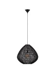 Lampa wisząca Oviedo 1xE27 w kolorze czarnym. Owalny klosz z plecionki, z widoczną żarówką w środku. Zawieszona na cienkim, czarnym przewodzie z metalowym mocowaniem sufitowym. Idealna do nowoczesnych wnętrz.