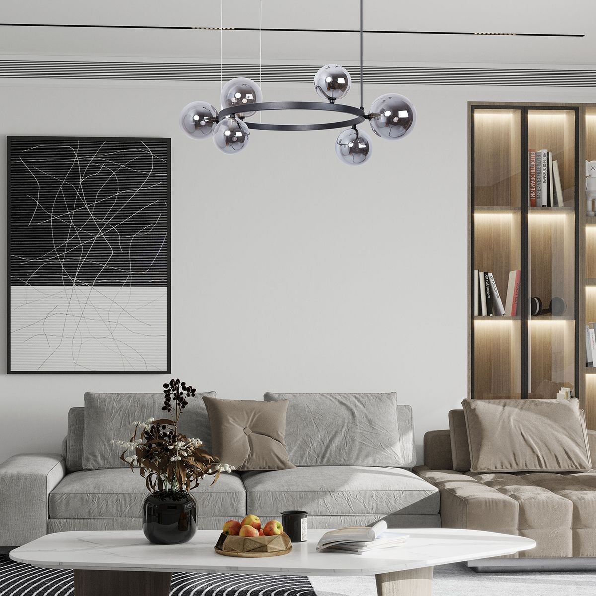 Lampa wisząca Bolero w kolorze czarnym i grafitowym z sześcioma kulistymi kloszami, zawieszona na cienkich linkach. Umieszczona w nowoczesnym wnętrzu, nad białym stołem, w towarzystwie szarej kanapy i dekoracji.