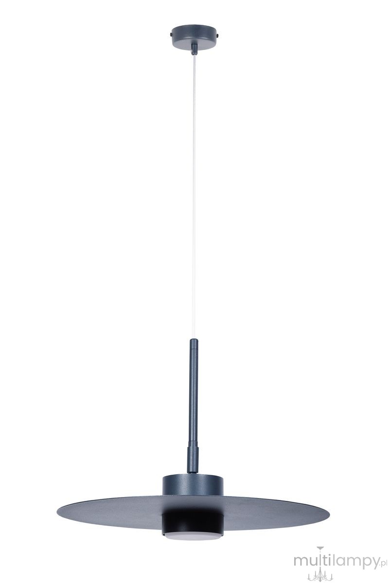 Lampa wisząca Charlie L, grafitowa, z pojedynczym źródłem światła GX53. Okrągła, płaska podsufitka, cienki wysięgnik oraz szeroki klosz. Ujęcie z dołu, zwisająca konstrukcja. Idealna do nowoczesnych wnętrz.
