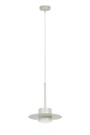 Lampa wisząca Charlie S w kolorze szarym beżowym, z pojedynczym źródłem światła na gwint GX53. Produkt ma okrągłą, płaską podstawę oraz szeroki klosz, zawieszony na cienkim, metalowym przewodzie. Ujęcie frontalne, na białym tle.