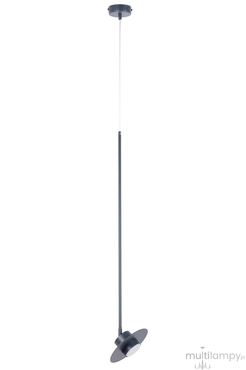 Lampa wisząca Charlie M w kolorze grafitowym, z jednym źródłem światła GX53. Prosty, smukły design z długim przewodem i okrągłym, płaskim kloszem. Ujęcie frontalne, produkt zawieszony na suficie.
