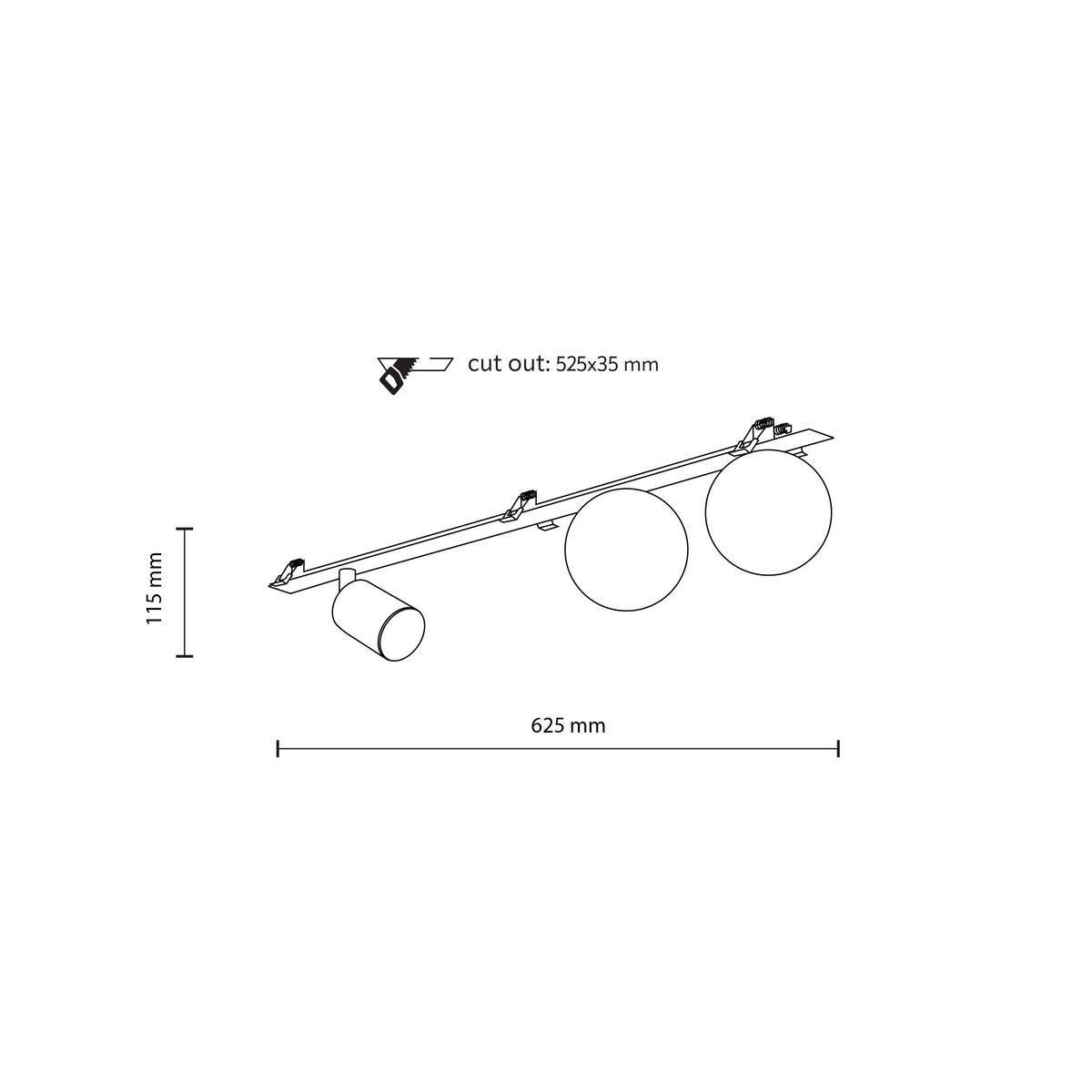 Podtynkowa lampa sufitowa Vox z 1 gniazdem GU10 i 2 gniazdami G9, w kolorze czarnym. Ujęcie z boku, z wymiarami 625 mm długości i 115 mm wysokości, pokazuje okrągłe i cylindryczne elementy oraz miejsce na montaż.