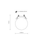 Lampa sufitowa podtynkowa Vox 1xG9 w kolorze czarnym, o średnicy 100 mm i wysokości 110 mm. Widok z góry, z widocznymi uchwytami mocującymi i wymaganą średnicą wycięcia 65 mm. Prosta, okrągła forma.