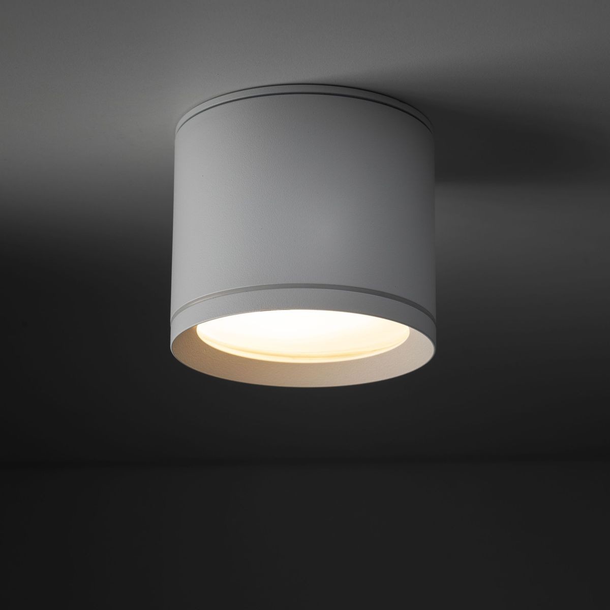 Lampa sufitowa Vivo w kolorze białym, o cylindrycznym kształcie, z miejscem na żarówkę GX53. Montowana na suficie, z widocznym źródłem światła w środku. Wodoodporna IP44, odpowiednia do wilgotnych pomieszczeń.
