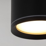 Lampa sufitowa Vivo 1xGX53 w kolorze czarnym, z matowym wykończeniem. Widok z bliska na oprawę, z okrągłym kloszem, który emituje ciepłe światło. Zastosowanie IP44 zapewnia odporność na wilgoć.