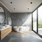 Czarna lampa sufitowa Vivo 1xGX53 IP44 zamontowana w nowoczesnej łazience z okrągłym lustrem, dwiema umywalkami oraz wanną. Oświetlenie podkreśla minimalistyczny design wnętrza z szarymi płytkami i drewnianymi akcentami.