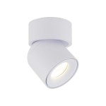 Lampa sufitowa spot Twist 1xGU10 w kolorze białym, o prostym, cylindrycznym kształcie. Ujęcie z boku, z lekko nachyloną główką, która kieruje światło w dół. Materiał matowy, przeznaczona do użytku w pomieszczeniach oraz na zewnątrz (IP65).