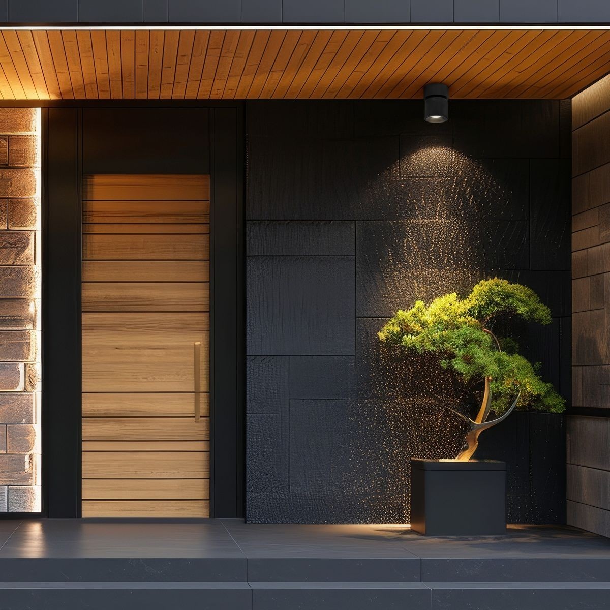 Czarna lampa sufitowa typu spot Twist z oprawą na jedną żarówkę GU10, o stopniu ochrony IP65, zamontowana na drewnianym suficie. Oświetla przestrzeń nad bonsai w donicy, podkreślając detale rośliny na tle ciemnej ściany.