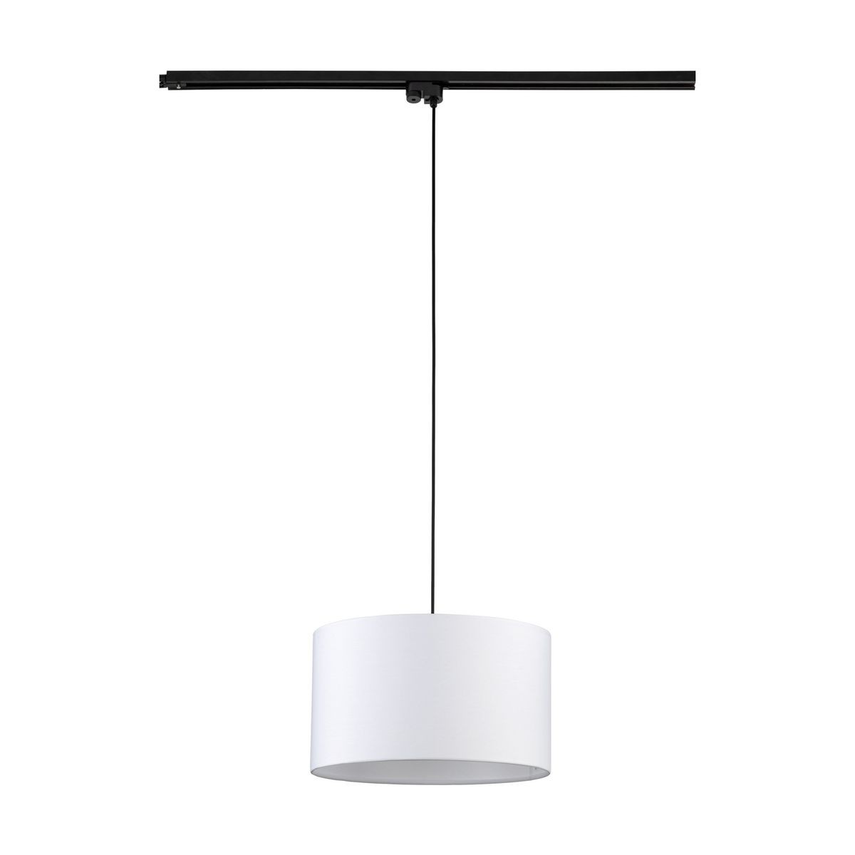 Lampa wisząca Tracer D38 z białym kloszem w kształcie cylindrycznym, zawieszona na czarnym przewodzie. Montaż na szynie, z miejscem na żarówkę E27. Prosta, minimalistyczna forma, idealna do nowoczesnych wnętrz.