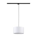 Lampa wisząca Tracer D38 z białym kloszem w kształcie cylindrycznym, zawieszona na czarnym przewodzie. Montaż na szynie, z miejscem na żarówkę E27. Prosta, minimalistyczna forma, idealna do nowoczesnych wnętrz.