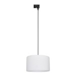 Lampa wisząca Tracer D38 z białym kloszem i czarnym zawieszeniem, przystosowana do żarówki E27. Produkt zawieszony na długim, prostym przewodzie, montowany do szyny. Tło zdjęcia jest jednolite, co podkreśla minimalistyczny design lampy.