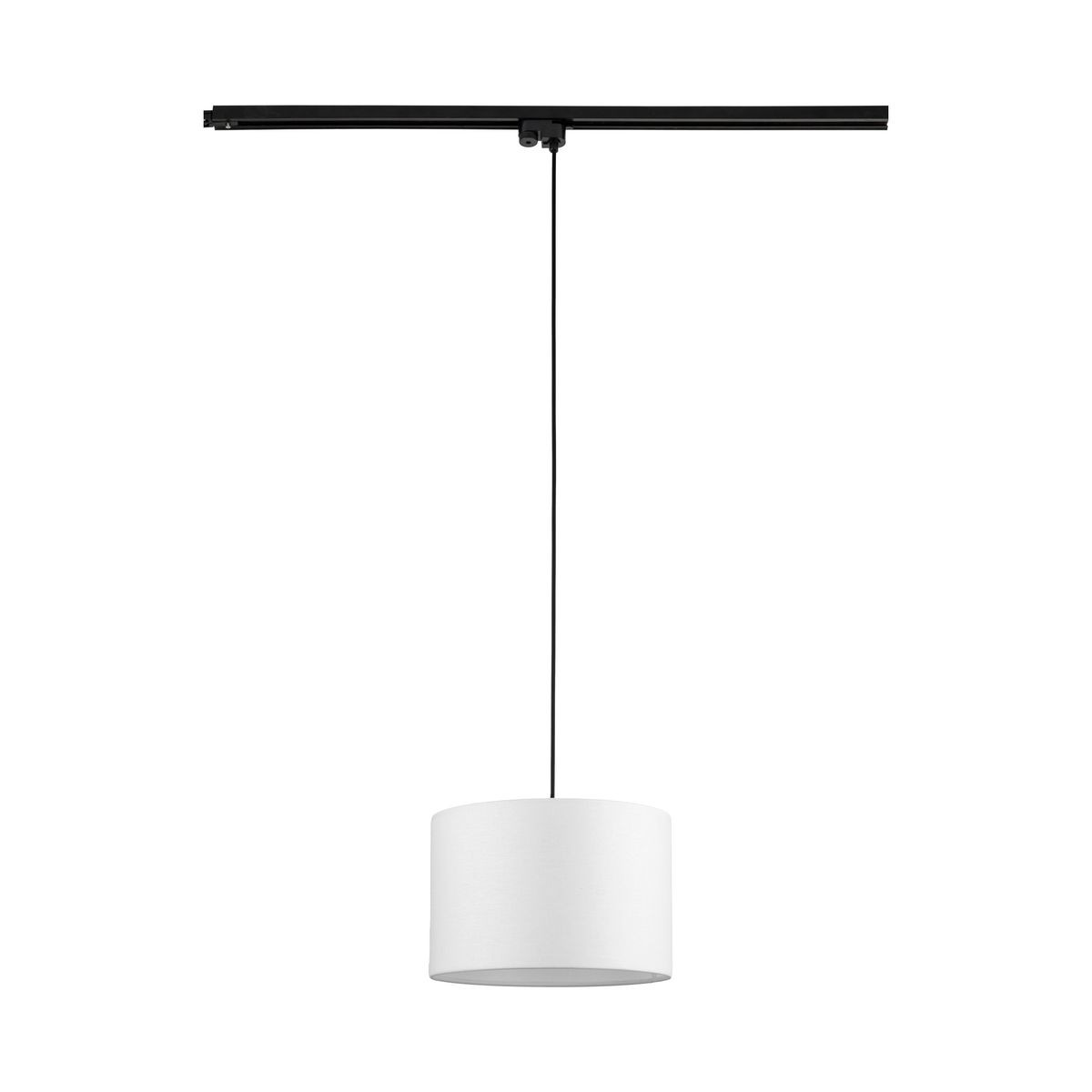 Lampa wisząca Tracer D30 z białym kloszem w kształcie cylindra, zawieszona na czarnym przewodzie, przymocowana do czarnej szyny. Klosz wykonany z materiału, idealna do oświetlenia wnętrz.