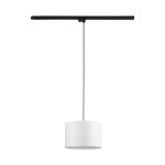 Lampa wisząca Tracer D30 z białym kloszem w kształcie cylindra, zawieszona na czarnym przewodzie, przymocowana do czarnej szyny. Klosz wykonany z materiału, idealna do oświetlenia wnętrz.