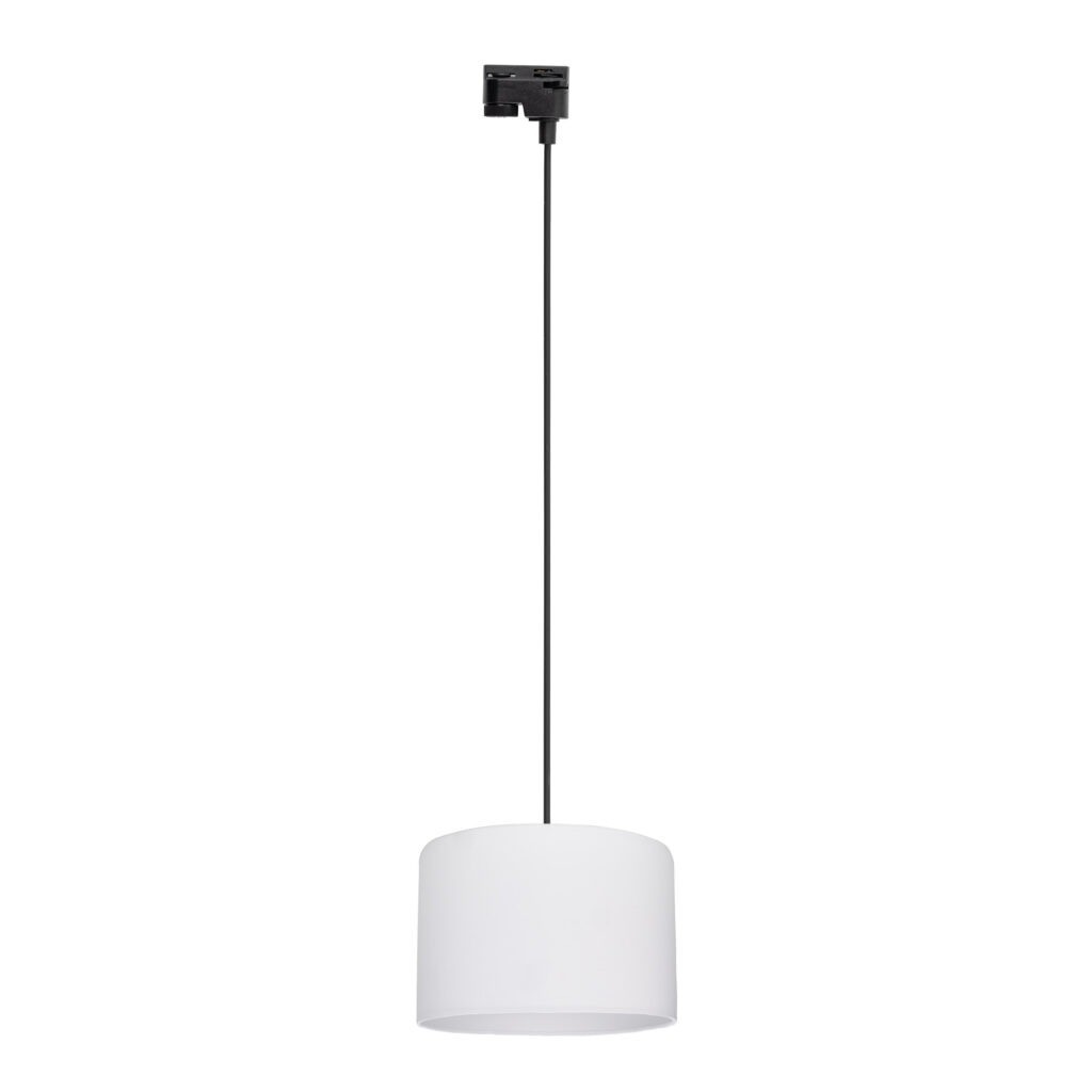 Lampa wisząca Tracer D30 z czarnym przewodem i białym kloszem w kształcie cylindra. Zamontowana na szynie, z pojedynczym gniazdem E27. Prosta, nowoczesna forma, idealna do oświetlenia wnętrz.