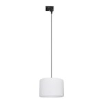 Lampa wisząca Tracer D30 z czarnym przewodem i białym kloszem w kształcie cylindra. Zamontowana na szynie, z pojedynczym gniazdem E27. Prosta, nowoczesna forma, idealna do oświetlenia wnętrz.