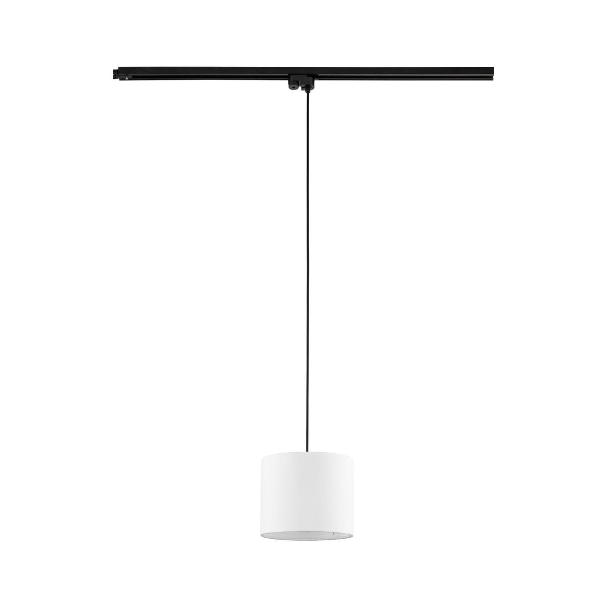 Lampa wisząca Tracer D20 z białym kloszem w kształcie cylindra, zawieszona na cienkim czarnym przewodzie, przymocowana do czarnej szyny. Prosty design, idealna do nowoczesnych wnętrz.