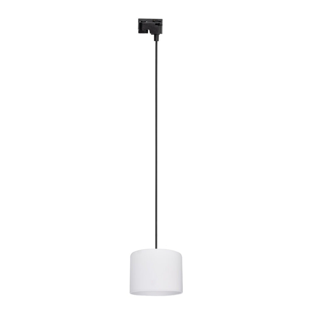 Lampa wisząca Tracer D20 z białym kloszem w kształcie cylindra, z czarnym przewodem i mocowaniem do szyny. Prosta konstrukcja, idealna do nowoczesnych wnętrz. Ujęcie frontalne, lampa zwisa w pozycji pionowej.