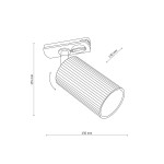 Reflektor spot Tracer Tune 1xGU10 w kolorze czarnym brązowym, wykonany z metalowego cylindra z rowkowaną fakturą. Kąt ujęcia z boku ukazuje możliwość regulacji. Wymiary: 155 mm wysokości, 130 mm średnicy. Przeznaczony do montażu na szynie.
