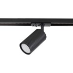 Reflektor spot Tracer Tune 1xGU10 w kolorze czarnym, montowany na szynie. Cylindryczny korpus z rowkowaną teksturą, z białym kloszem. Ujęcie z boku, pokazujące sposób mocowania i design lampy.