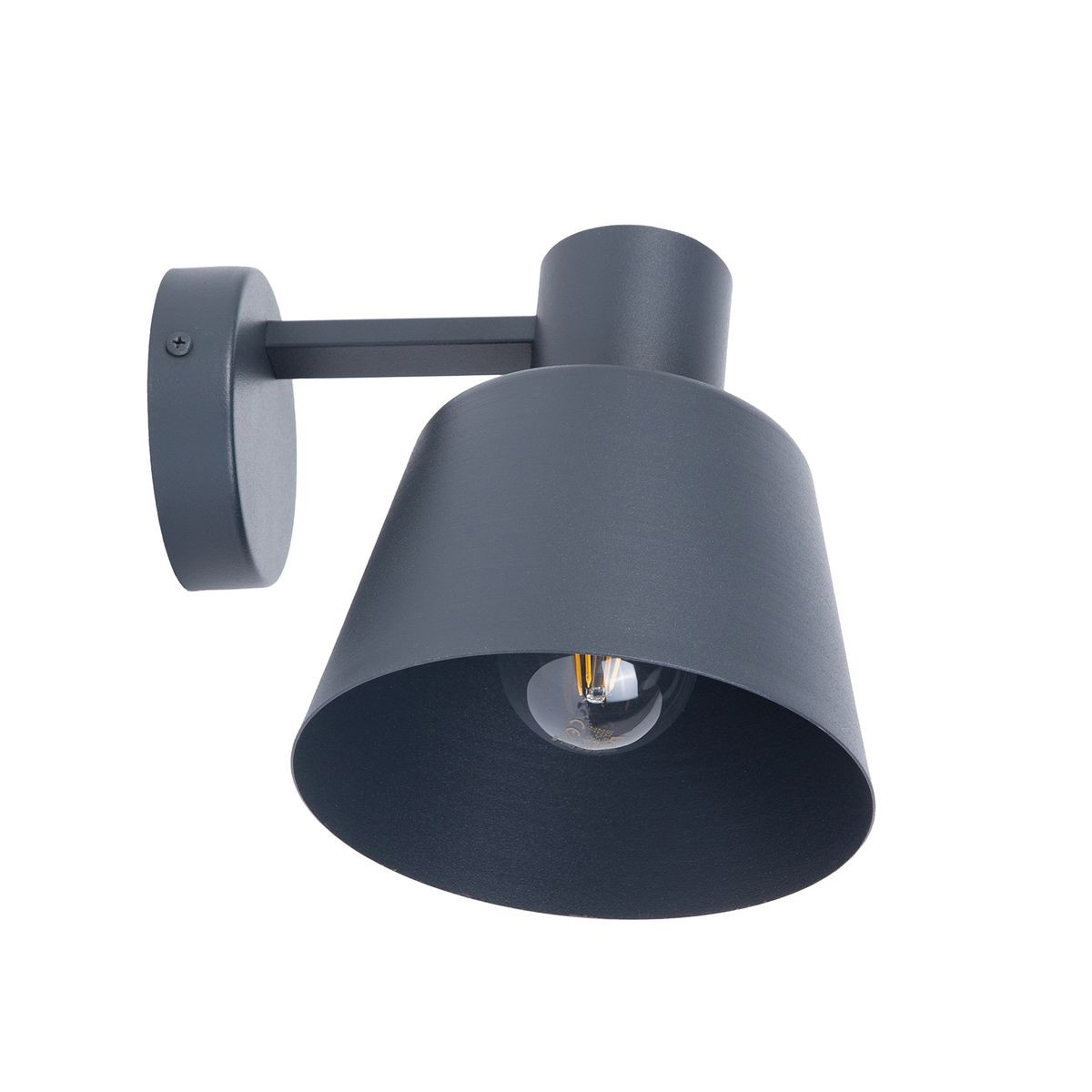 Kinkiet Dunka w kolorze antracytowym, z metalowym kloszem w kształcie stożka, zamontowany na ścianie. Widoczna oprawka na żarówkę E27, minimalistyczny design, gładka powierzchnia, mocowanie w formie okrągłej podstawy.