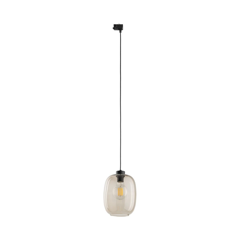 Lampa wisząca Tracer Elio z jednym gniazdem E27, zawieszona na długim, czarnym przewodzie. Klosz w kolorze topazowym, o lekko zaokrąglonym kształcie, z widoczną żarówką wewnątrz. Montaż do szyny 3-fazowej.