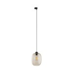 Lampa wisząca Tracer Elio z jednym gniazdem E27, zawieszona na długim, czarnym przewodzie. Klosz w kolorze topazowym, o lekko zaokrąglonym kształcie, z widoczną żarówką wewnątrz. Montaż do szyny 3-fazowej.