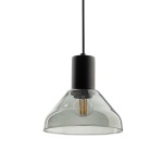 Lampa wisząca Tracer Neo z mocowaniem E27, w kolorze czarnym z grafitowym kloszem w kształcie stożka. Zawieszona na cienkim przewodzie, z widoczną żarówką w stylu vintage. Przeznaczona do szyn 1-fazowych.