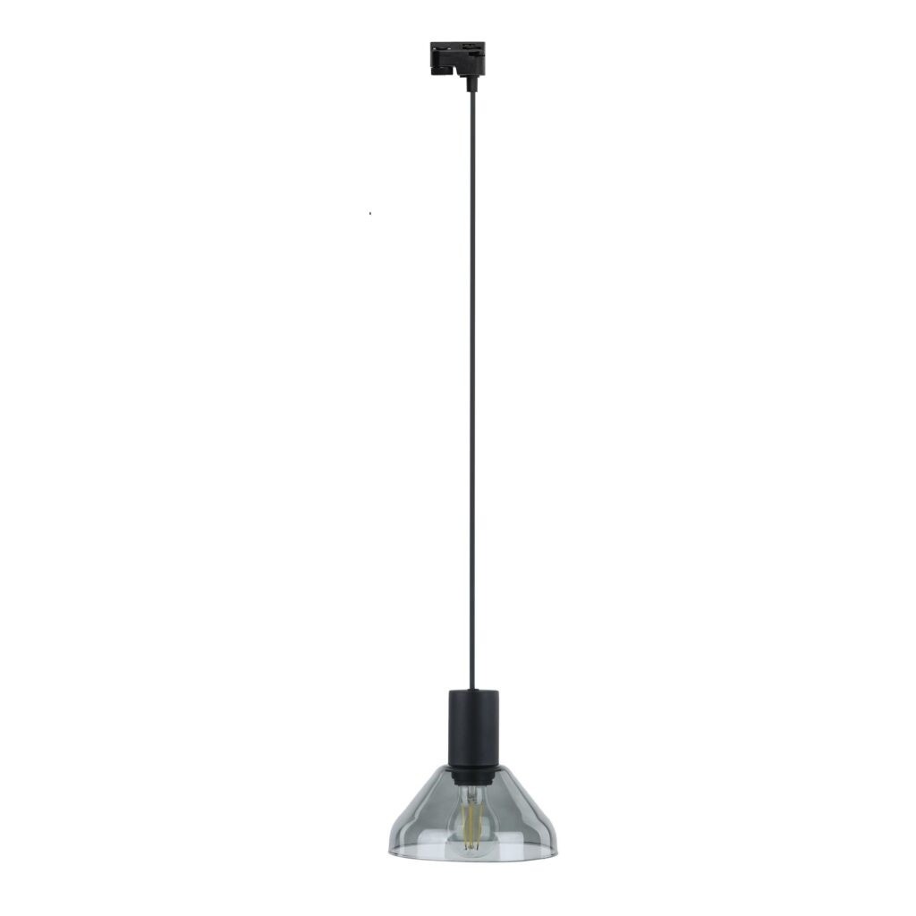 Lampa wisząca Tracer Neo 1xE27, czarna z grafitowym kloszem, zawieszona na cienkim kabelku. Kształt stożkowy, przezroczysty klosz ukazuje żarówkę, montaż do szyny 1-fazowej. Prosty design, idealna do nowoczesnych wnętrz.