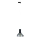 Lampa wisząca Tracer Neo 1xE27, czarna z grafitowym kloszem, zawieszona na cienkim kabelku. Kształt stożkowy, przezroczysty klosz ukazuje żarówkę, montaż do szyny 1-fazowej. Prosty design, idealna do nowoczesnych wnętrz.