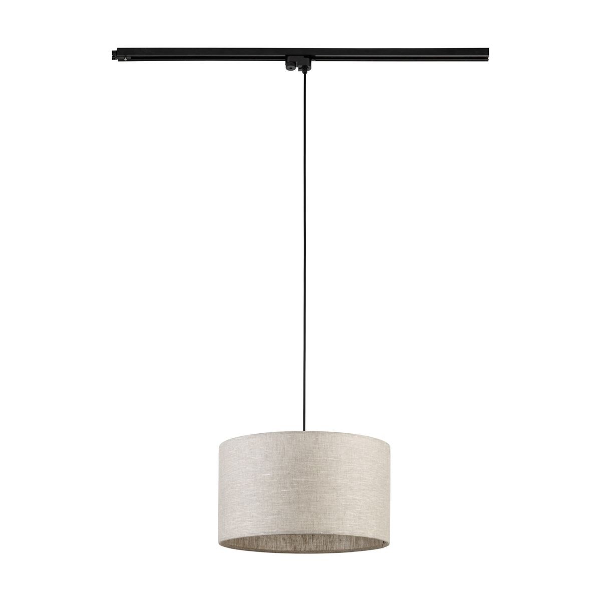 Lampa wisząca Tracer D38 w beżowym kolorze, z okrągłym abażurem z materiału, zawieszona na czarnym przewodzie. Umożliwia montaż na szynie, przeznaczona do żarówki E27. Widok frontalny.