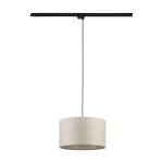 Lampa wisząca Tracer D38 w beżowym kolorze, z okrągłym abażurem z materiału, zawieszona na czarnym przewodzie. Umożliwia montaż na szynie, przeznaczona do żarówki E27. Widok frontalny.