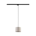 Beżowa lampa wisząca Tracer D20 z abażurem w kształcie cylindra, zawieszona na czarnej linii zasilającej, z oprawą na żarówkę E27. Ujęcie z przodu, na jednolitym tle, ukazujące prosty design i elegancki wygląd.