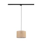 Lampa wisząca Tracer D30 z brązowym abażurem z tkaniny, zawieszona na czarnym przewodzie, zamocowana do szyny. Abażur ma cylindryczny kształt, a jego faktura przypomina naturalny materiał. Idealna do nowoczesnych wnętrz.